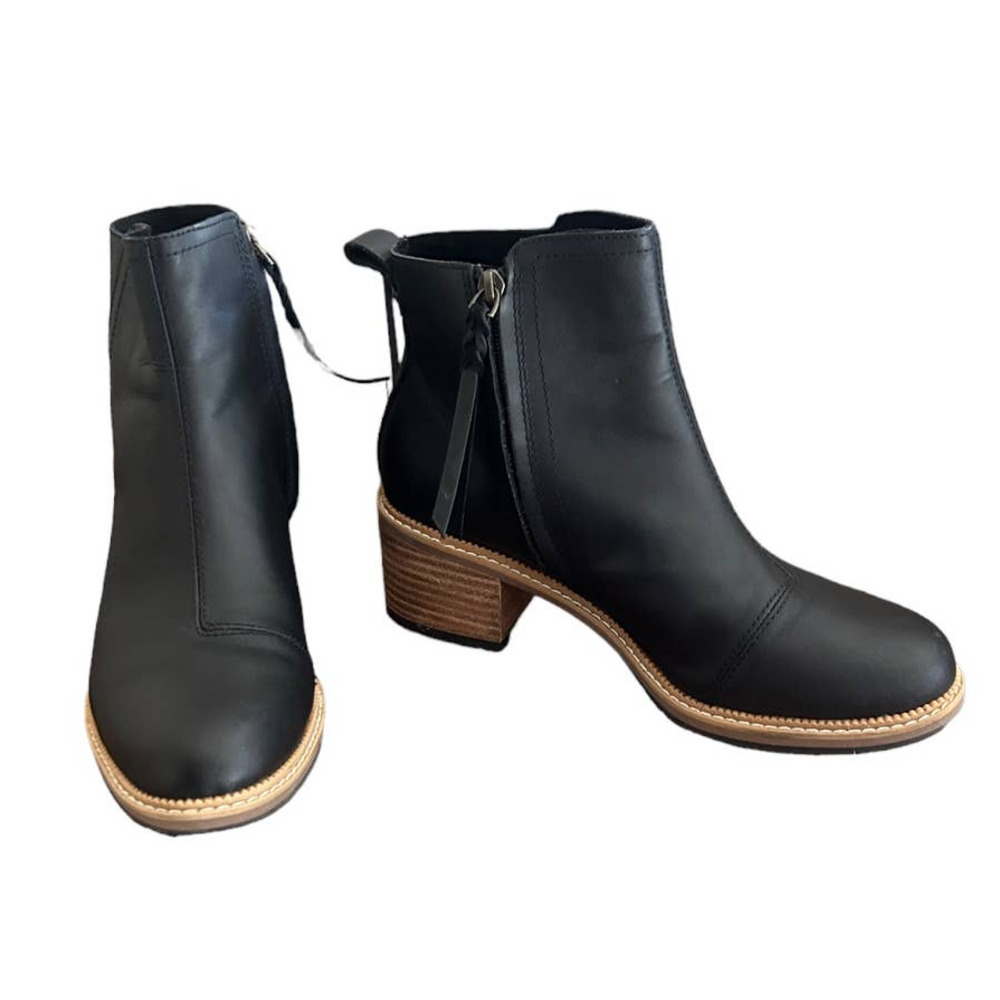 TOMS Marina Black Leather Ankle Bootie Block Heel Women’s Size 8.5